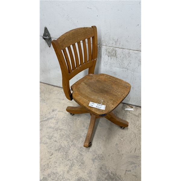 Antique Oak Swivel Banker's Chair with Cast Iron Base and Casters