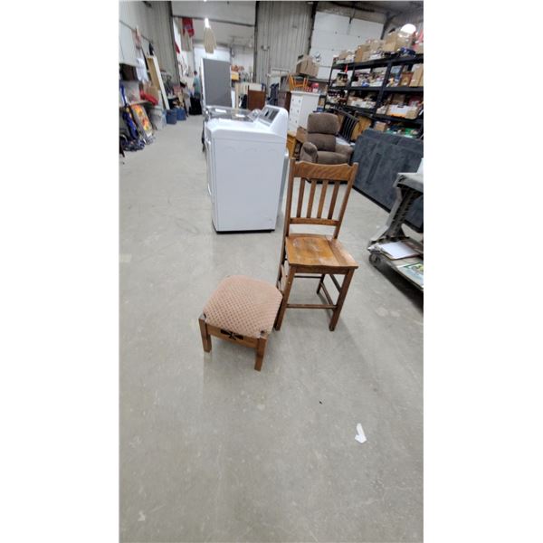 Antique Oak Slat-Back Chair and Upholstered Footstool with Cross Cutout Detail