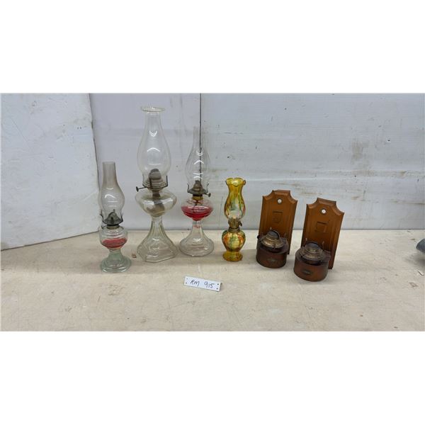 Collection of Antique Oil Lamps Including Sherwoods Wall-Mount Pair (Missing Chimneys)Tallest 1&9"