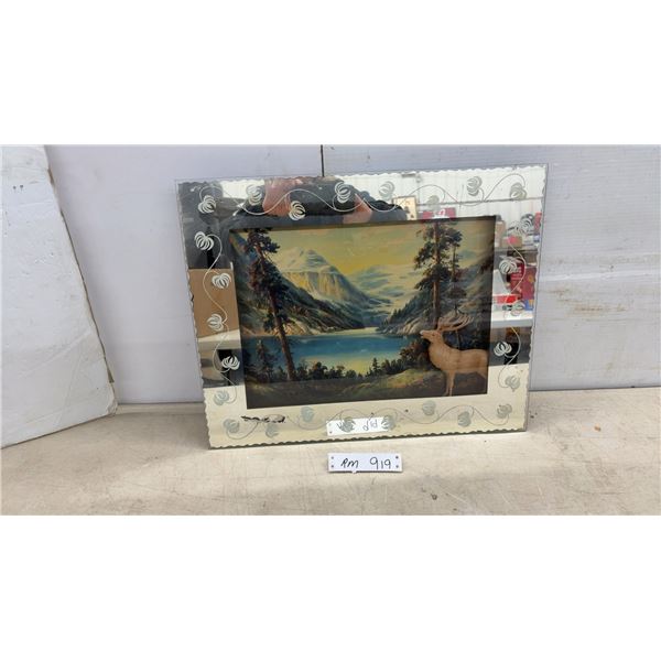 Vintage Mirrored Picture Frame with Mountain Lake Landscape Print and Elk 16 x 20