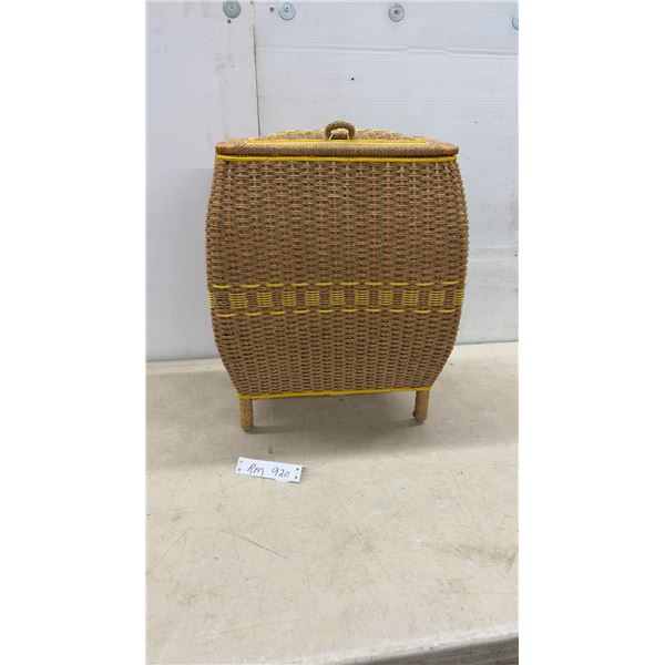 Vintage Woven Wicker Sewing Basket with Yellow Satin Lined Interior, 20 x 12 x 16