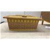 Image 6 : Vintage Woven Wicker Sewing Basket with Yellow Satin Lined Interior, 20 x 12 x 16