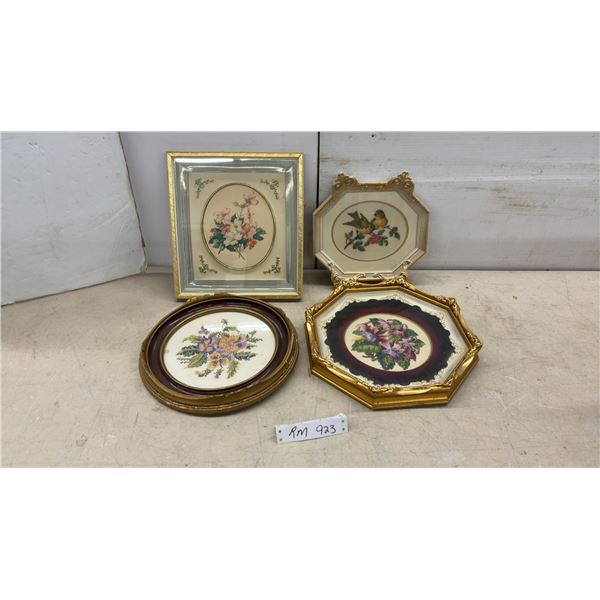 Framed Floral and Bird Needlework Art Collection, Set of Four