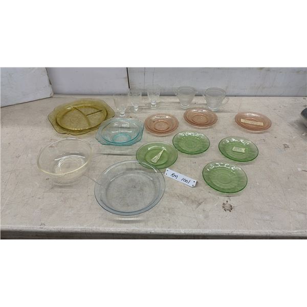 Assorted Depression Glass Plates, Bowls, Stemware 16 Pieces