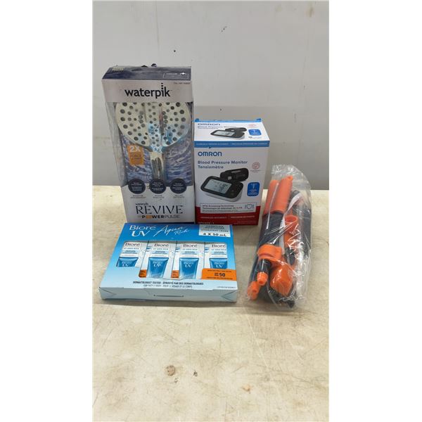 Waterpik Shower Head, NEW Omron Blood Pressure Monitor, Bioré UV SPF Moisturizer and New Rubber