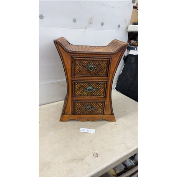 Rattan and Wood Three-Drawer Decorative Chest with Ornate Brass Pulls 23 1/2" X 18 x 13