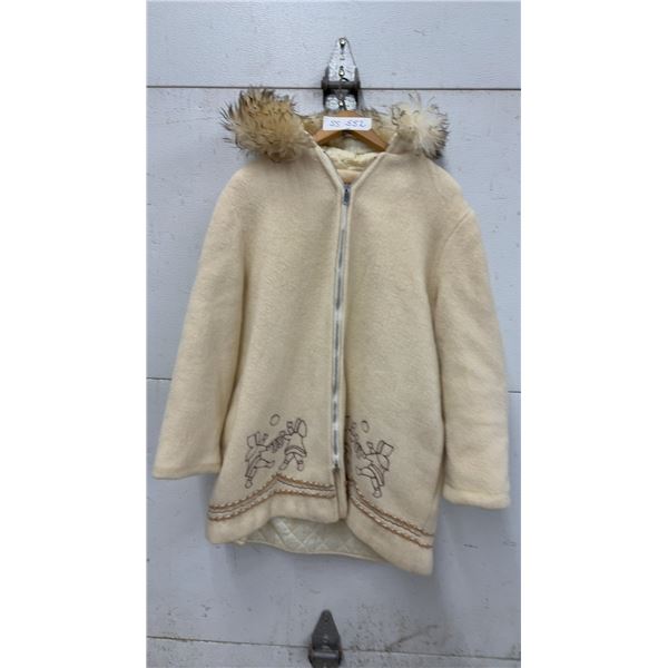 Canadian Sportswear Pure Virgin Wool Hooded Parka with Fur Trim and Inuit Embroidery, Sz M-L