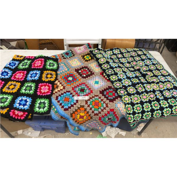 Three Handmade Crocheted Granny Square Afghan Blankets