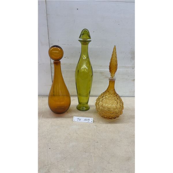 Three Mid-Century Colored Glass Genie Bottles with Stoppers, Tallest 29"