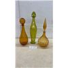 Image 1 : Three Mid-Century Colored Glass Genie Bottles with Stoppers, Tallest 29"