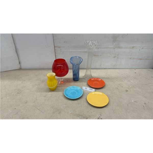 Fiesta Saucers, Art Glass Vases, and Oversized Brandy Snifter