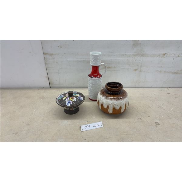 West German Pottery Collection Including Lidded Bowl and Fat Lava Vases, Three Pieces