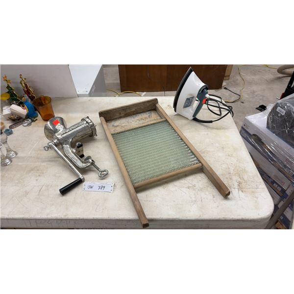 Vintage Glass Washboard, English Meat Grinder, and Black & Decker Steam Iron