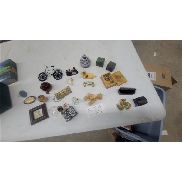 Assorted Collectible Figurines, Miniature Bicycle, Brass "Open" Sign, Trinket Boxes, and More