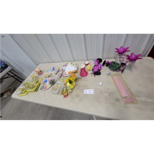 Easter and Spring Décor Lot Including Ceramic Serving Dishes, Faux Orchids, Candles, and More
