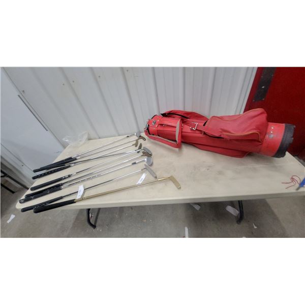 Collection of Eight Golf Putters and 2 Irons with Red Golf Bag
