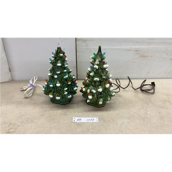 Two Vintage Ceramic Christmas Trees with Multicolored Plastic Lights,11 1/2" High