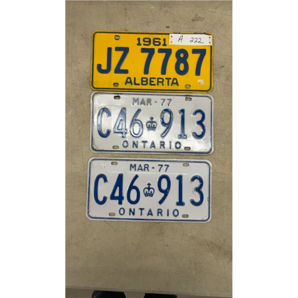 1961 Alberta and 1977 Ontario Vintage License Plates, Set of Three