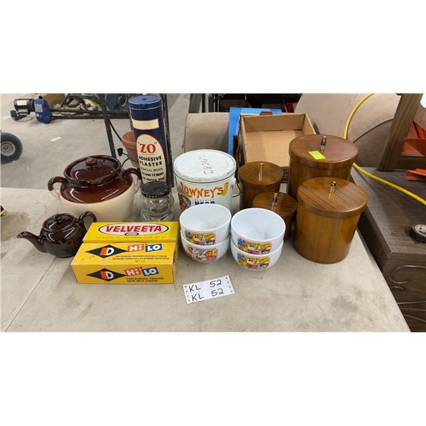 Vintage Kitchen Lot with Canister Set, Bean Pot, Teapot, Cereal Bowls, and More