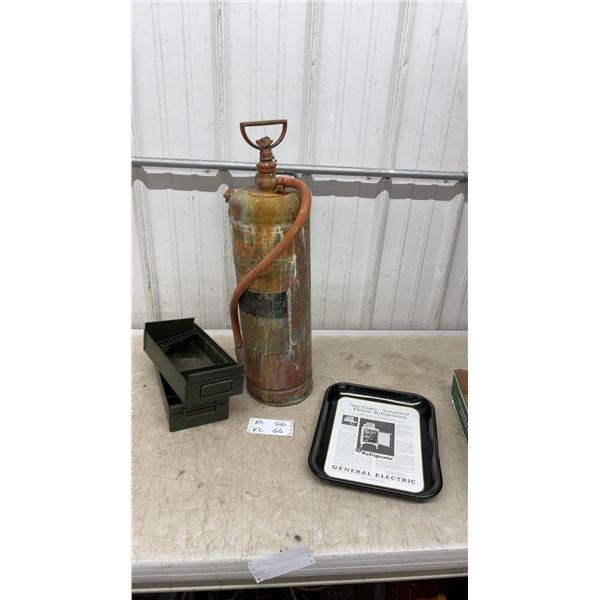 Badger Brass Fire Extinguisher, GE Refrigerator Tray, and Metal Storage Drawers