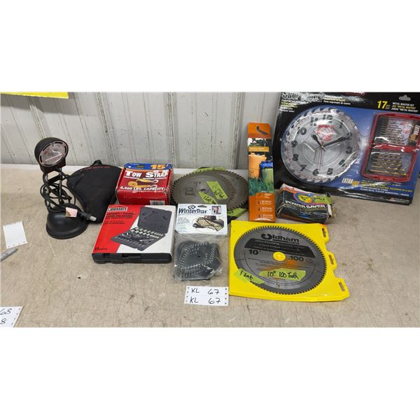 Mibro Shop Clock with Drill Bit Set, Oldham 10" Saw Blade, Tow Strap, Socket Set and More