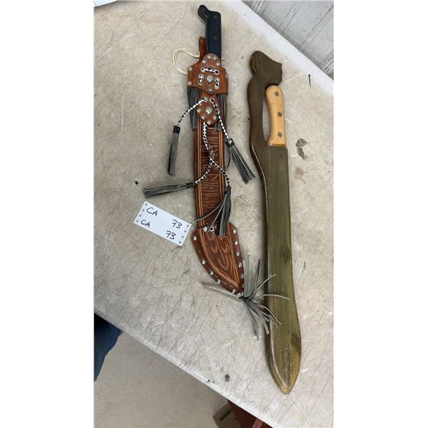 2 Machetes with Decorated Leather Sheath and Wooden Scabbard