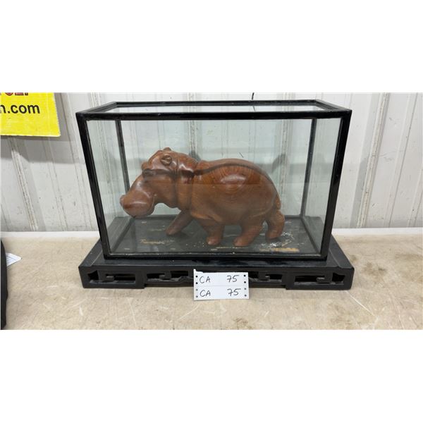 Hand-Carved Wooden Hippo Sculpture in Glass Display Case
