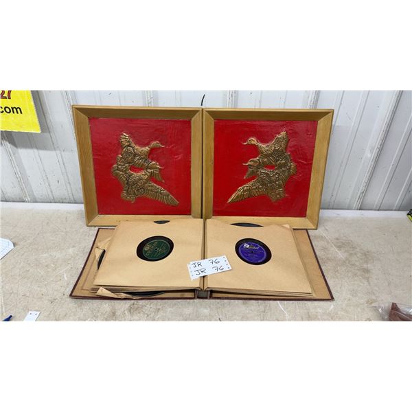 Vintage 78 RPM Record Album with Framed Copper Duck Wall Art Pair and More