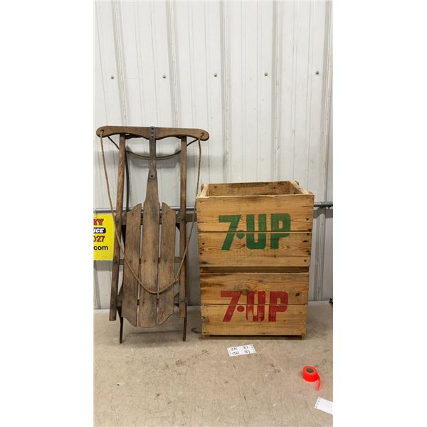 Vintage Wooden Sled with Rope Pull and Two 7-Up Wooden Crates