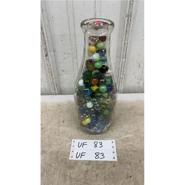 Vintage Glass Milk Bottle Filled with Assorted Glass Marbles