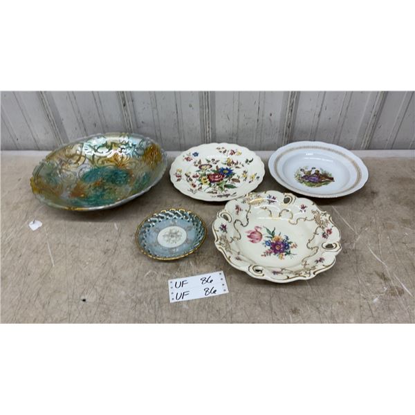 Collection of Five Decorative Porcelain and Glass Plates and Bowls with Floral Designs