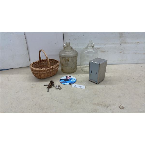 Wicker Basket, 2 Finger Glass Jugs, Napkin Dispenser, 90210 Memorabilia and More
