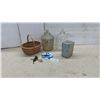 Image 1 : Wicker Basket, 2 Finger Glass Jugs, Napkin Dispenser, 90210 Memorabilia and More