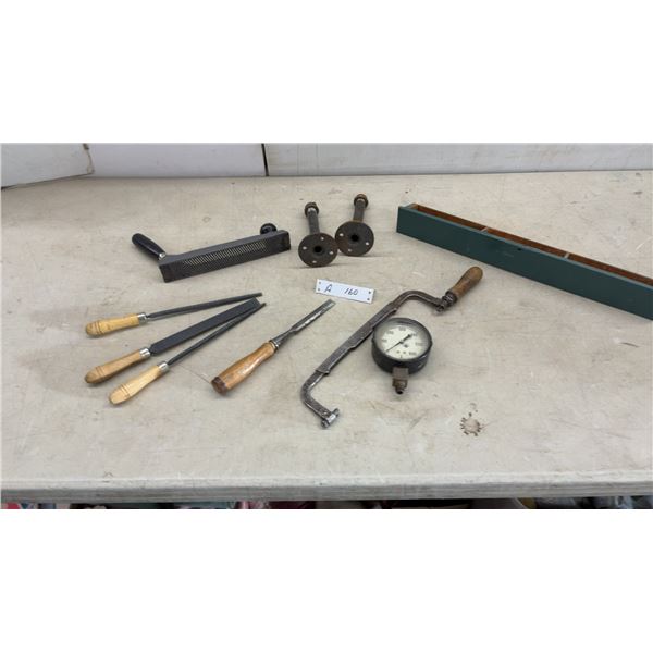 Vintage Wood Rasps, Chisel, Brace, Pressure Gauge, Flanges, and Divided Tool Drawer
