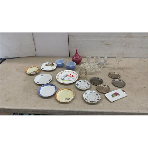 Assorted China Saucers, Plates, Crystal Glassware, Blue Teacups, Canada Centennial Plate, and More