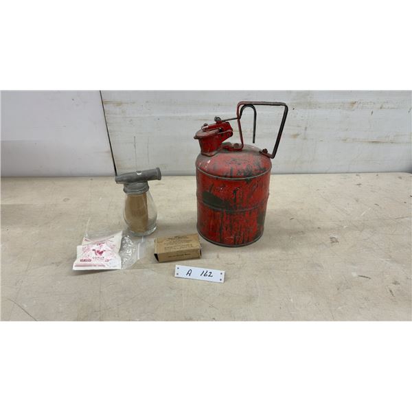Vintage Red Safety Gas Can, Goblin Spray Attachment, and First Aid Dressing