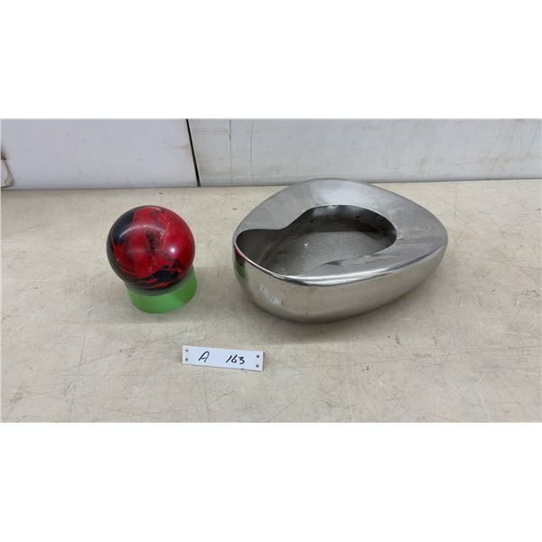 Stainless Steel Bedpan and Red and Black 5 Pin Bowling Ball