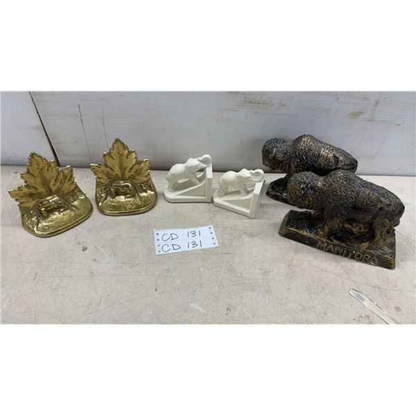 Three Pairs of Decorative Bookends: Canada Maple Leaf, Ceramic Elephant, and Manitoba Bison