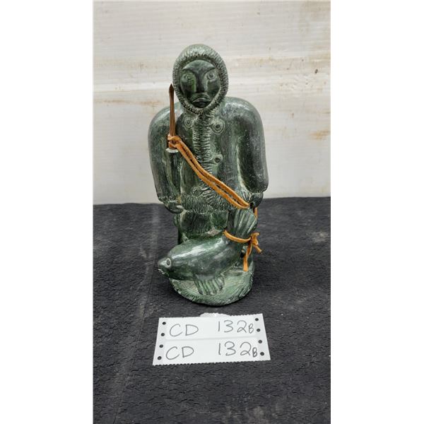 Inuit-Style Green Soapstone Carved Hunter with Fish and Leather Cord