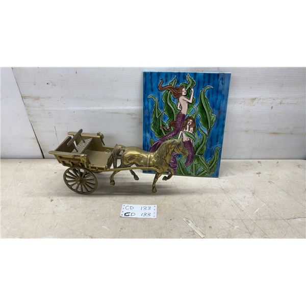 Brass Horse and Cart Figurine with Decorative Mermaid Ceramic Tile