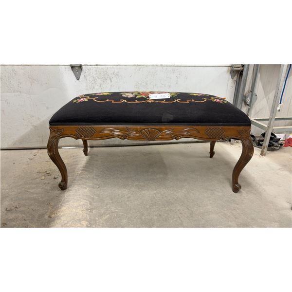 French Provincial Style Carved Walnut Bench with Needlepoint Floral Upholstery, 19 x 40 x 21"