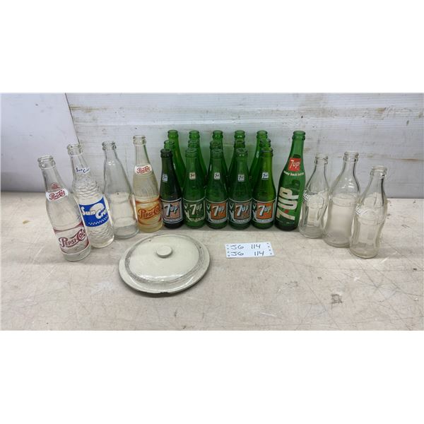 10-23 Old Drink Bottles, Pepsi Cola, Sun Crest, K Beverage, Coca-Cola, and Small Crock Lid