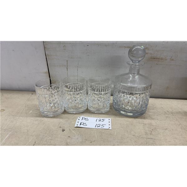 28oz Ralph Lauren Aston Pattern Lead Crystal Decanter Set w/3 Matching Whiskey Glasses