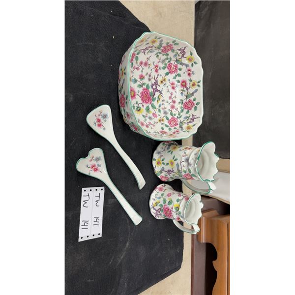 Old Foley Chinese Rose Pattern Bowl, Two Pitchers, and Serving Spoons