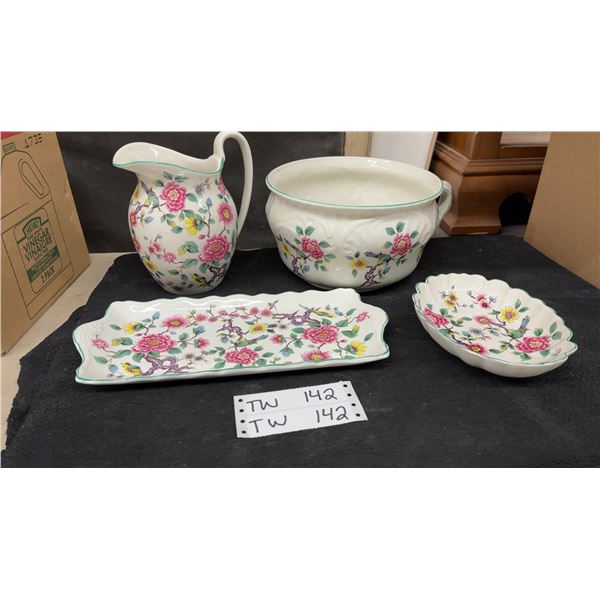 Old Foley Chinese Rose Pattern Pitcher, Pot, Tray, and Dish Set