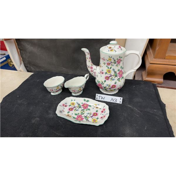 Old Foley Chinese Rose Coffee Pot, Creamer, Sugar Bowl, and Tray Set