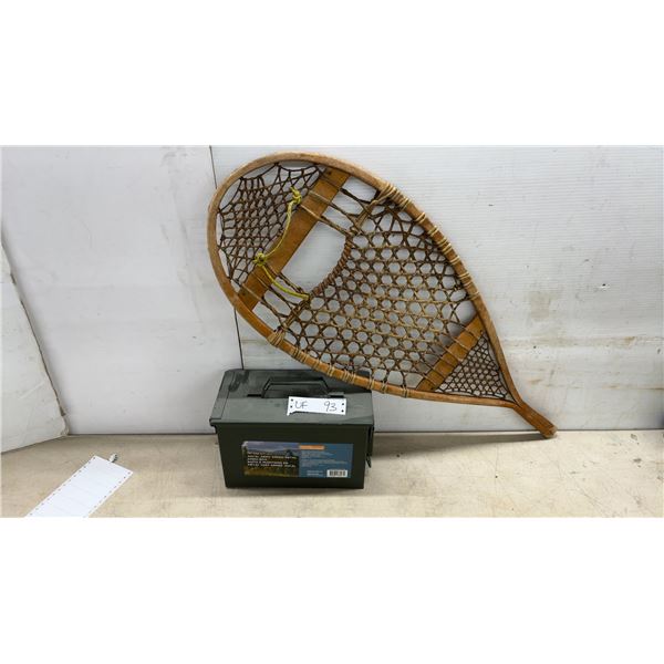 Traditional Wooden Snowshoe and .50 Caliber Army Green Metal Ammo Box