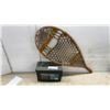 Image 1 : Traditional Wooden Snowshoe and .50 Caliber Army Green Metal Ammo Box