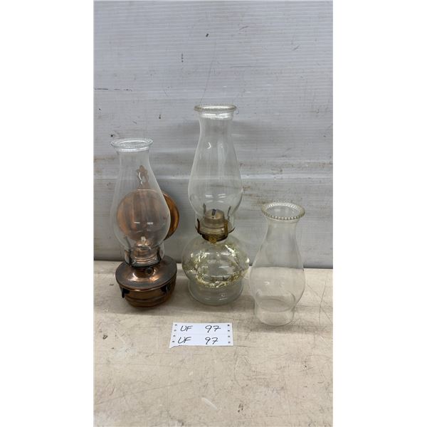Oil Lamp Lot with Copper Wall-Mount Lamp, Glass Base Lamp, and Extra Chimney