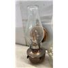Image 2 : Oil Lamp Lot with Copper Wall-Mount Lamp, Glass Base Lamp, and Extra Chimney